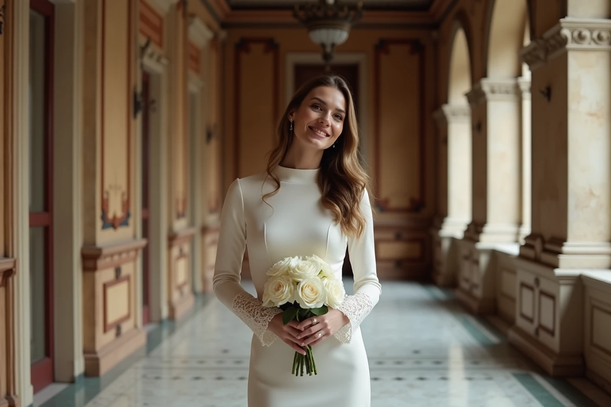 Femme en robe de mariée à manches longues en dentelle ivoire dans un couloir de mairie française lors d'un mariage civil