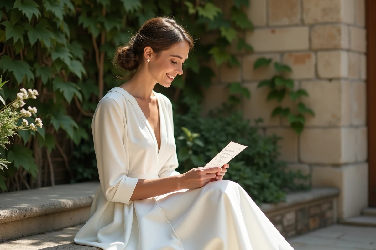 Mariée en robe blanche à manches trois quarts assise dans une cour intérieure en pierre pour un mariage civil élégant