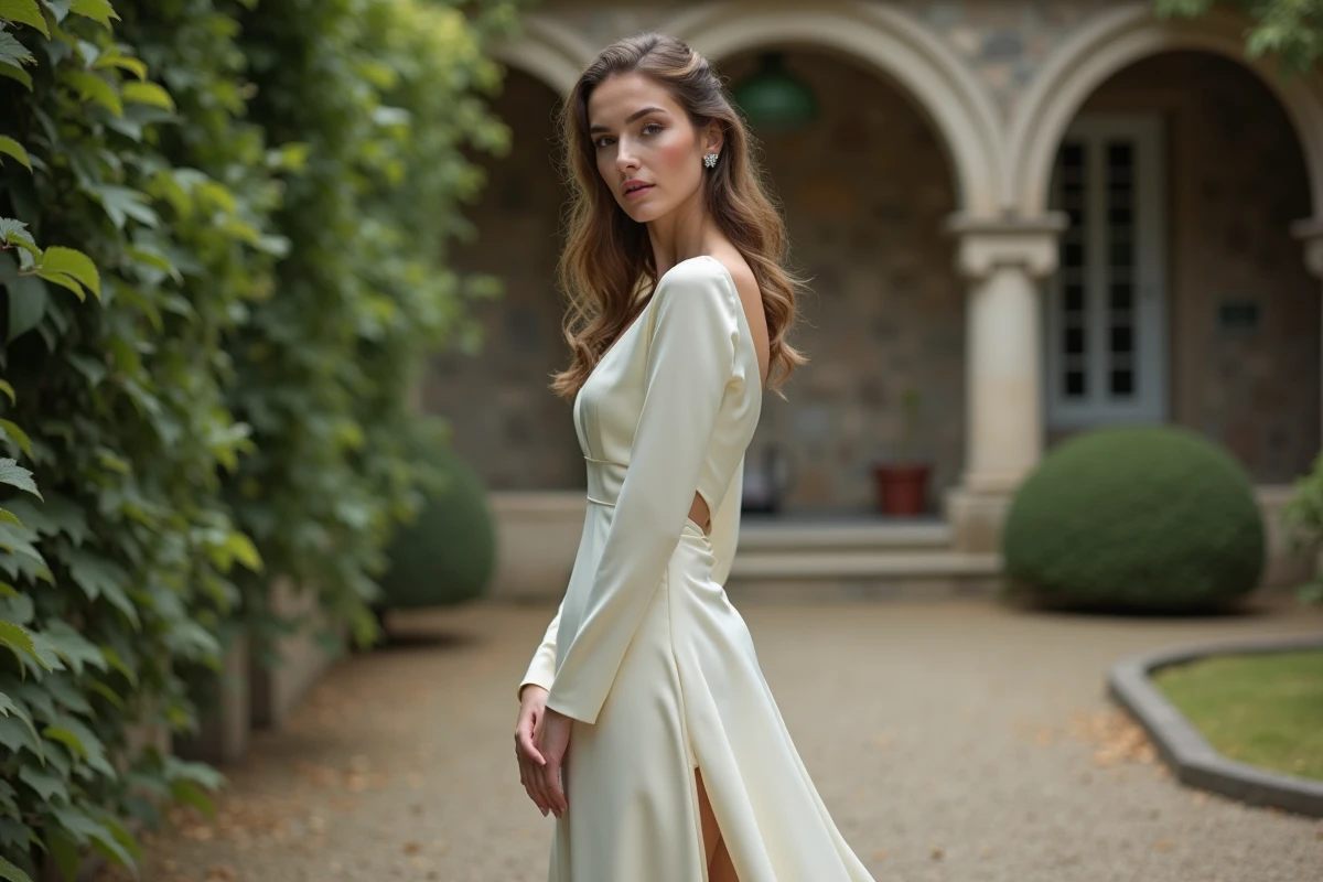 Mariée petite taille en robe longue à manches en satin dans un jardin de pierre classique