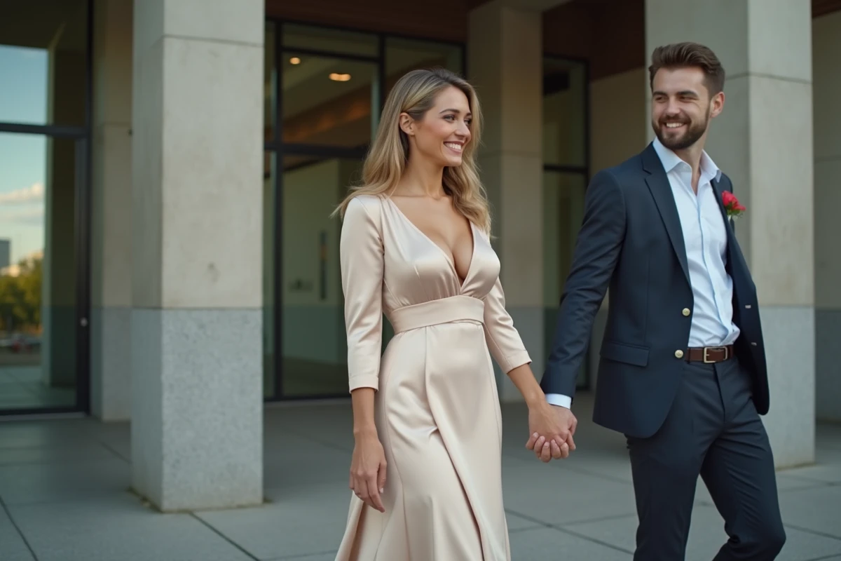 Mariée en robe de mariée satinée à manches longues devant une mairie contemporaine lors d'un mariage civil moderne