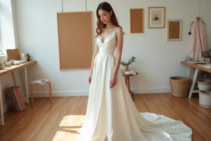 Mariée portant une robe simple en satin ivoire dans un atelier de couture, style épuré et minimaliste