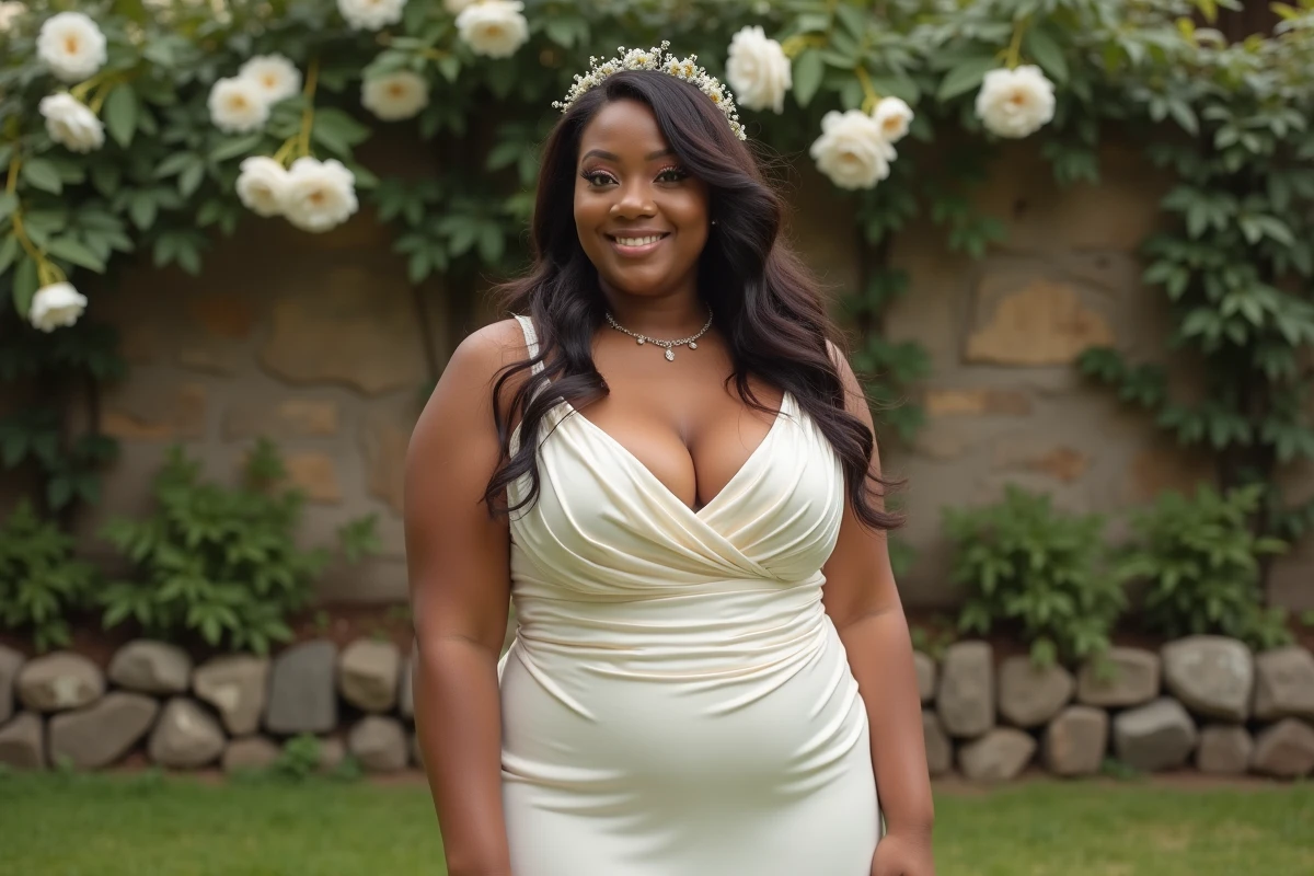 Mariée grande taille en robe sirène en soie crêpe dans un jardin fleuri avec roses blanches