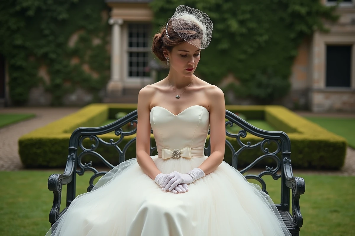 Femme en robe de mariée vintage style années 1950 à jupe en tulle volumineuse et voilette cage d'oiseau assise dans un jardin à la française