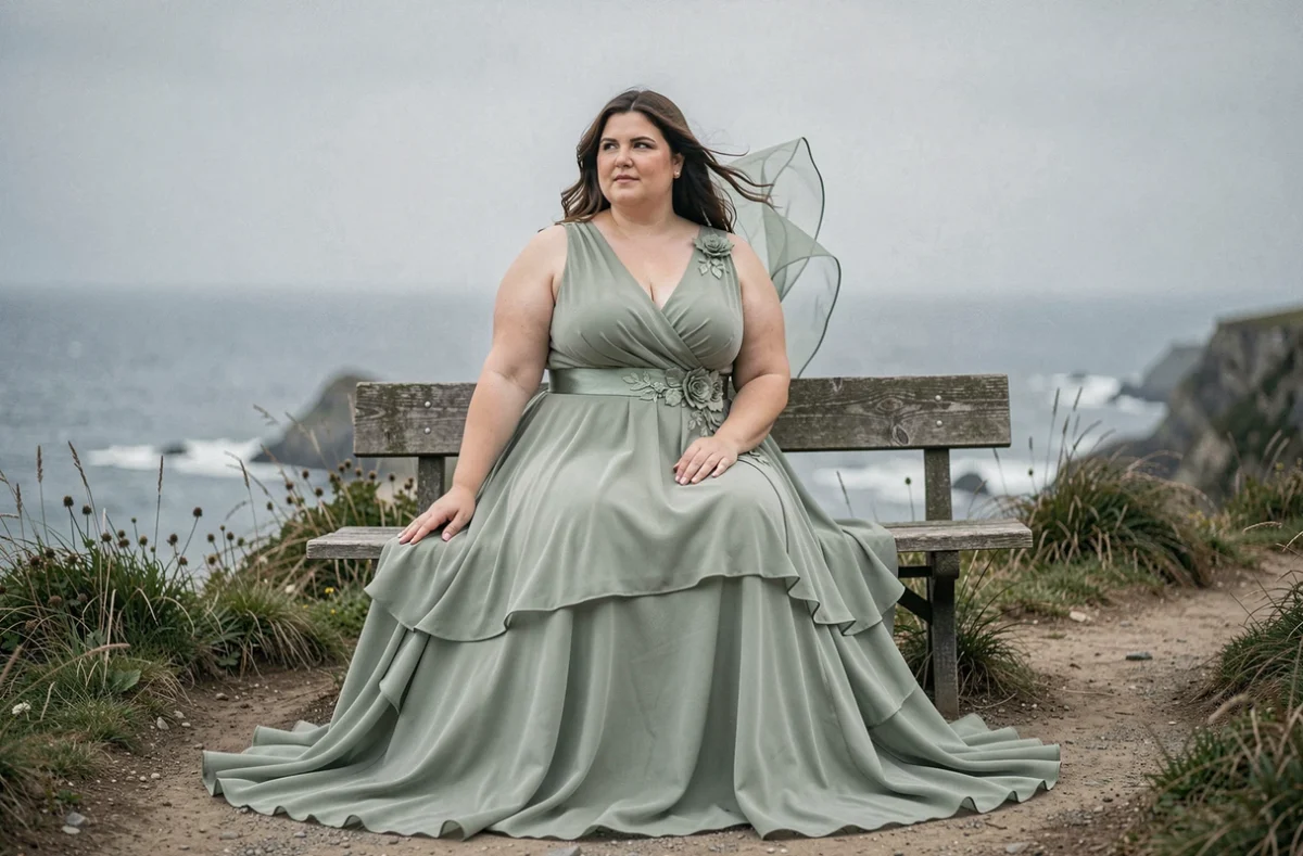 Mariée ronde en robe de mariée vert sauge en chiffon assise sur un chemin côtier avec vue mer