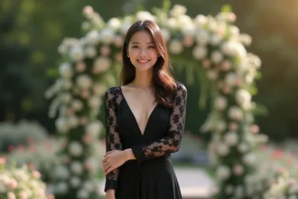 Femme portant une robe noire longue en dentelle lors d'un mariage dans un jardin fleuri