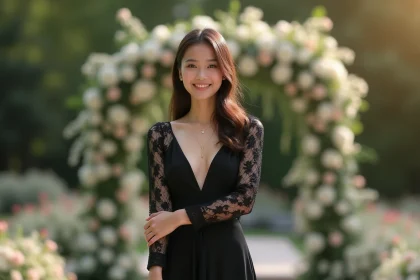 Femme portant une robe noire longue en dentelle lors d'un mariage dans un jardin fleuri