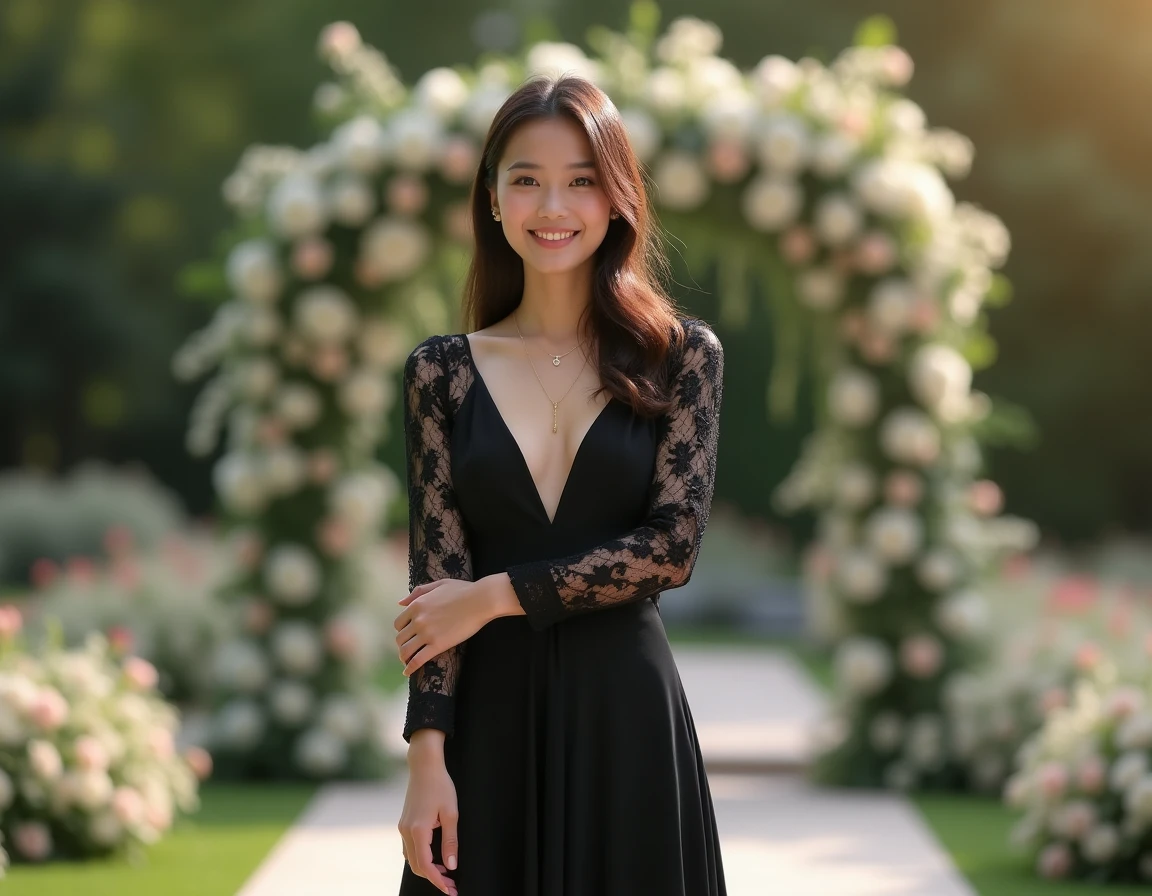 Femme portant une robe noire longue en dentelle lors d'un mariage dans un jardin fleuri