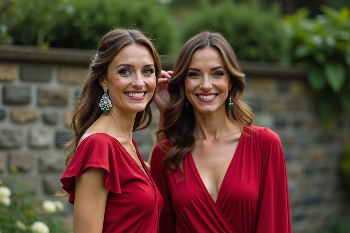 Deux femmes en tenue de mariage dont une en robe rouge avec accessoires argentés dans un jardin de cérémonie