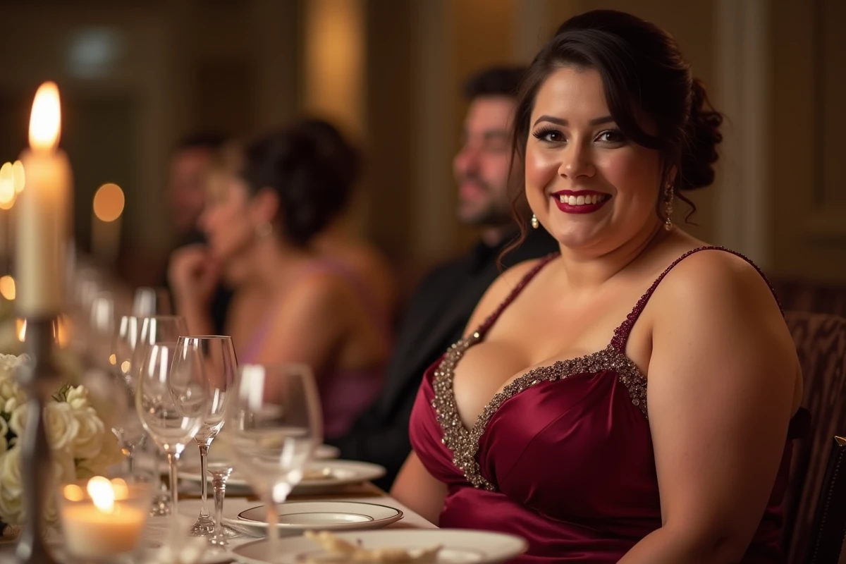 Femme ronde en robe bordeaux à une table de réception de mariage chic