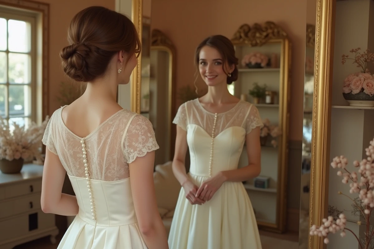 Femme portant une robe de mariée vintage style années 1960 en dentelle ivoire à mi-mollet dans une boutique rétro avec miroirs dorés
