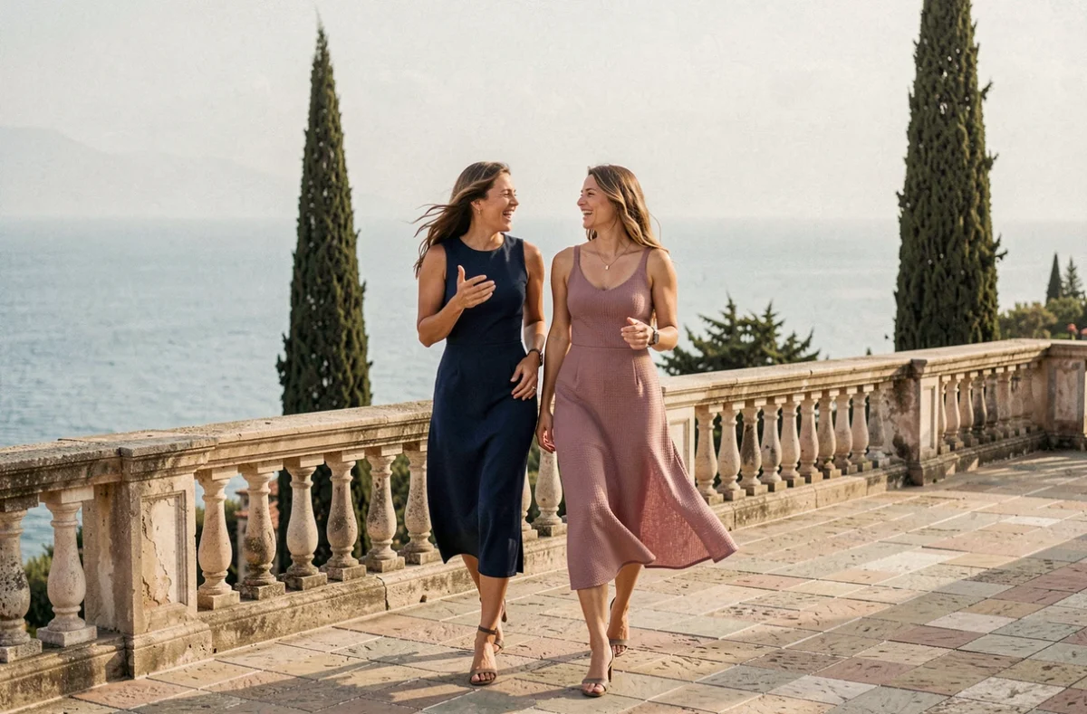Deux femmes en robes fourreaux élégantes marchant sur une terrasse de mariage avec vue sur la mer Méditerranée