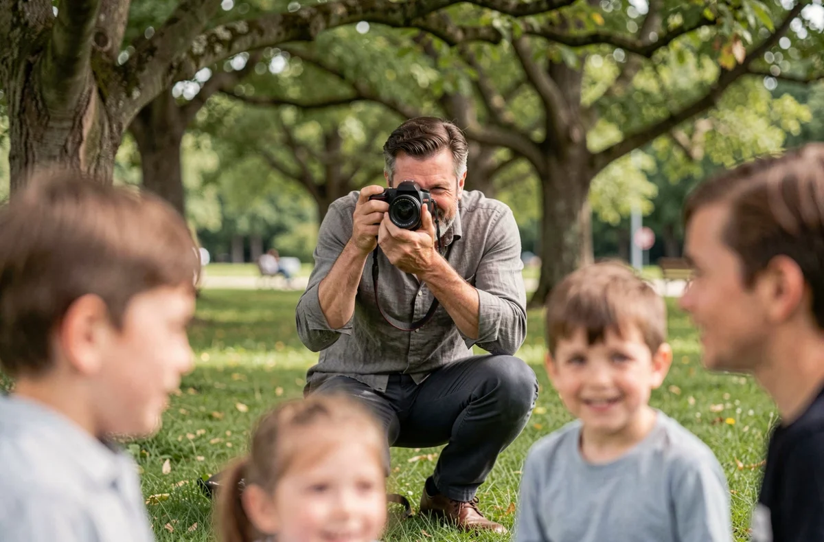 Photographe professionnel en pleine séance photo de famille dans un parc de Mérignac