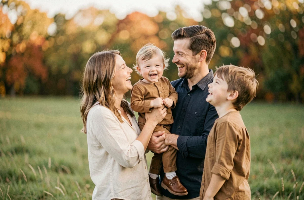 Famille de quatre personnes riant ensemble dans une prairie en automne lors d'une séance photo en extérieur