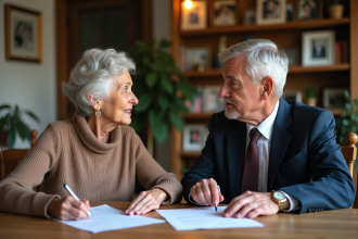 Une femme âgée et un homme d'âge moyen discutent de documents dans un intérieur chaleureux