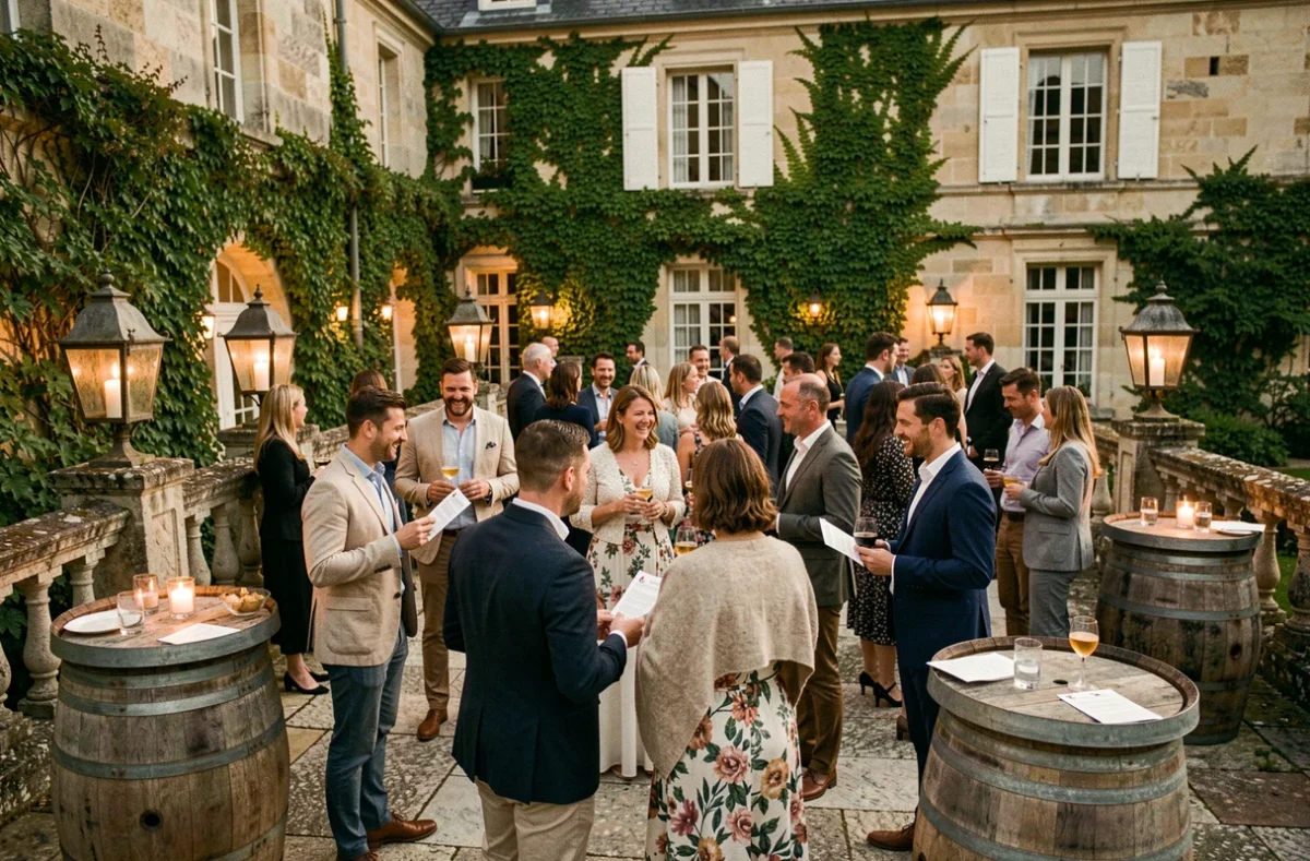 Soirée d'accueil de mariage sur plusieurs jours avec les invités qui se retrouvent sur la terrasse d'un château français autour de cocktails