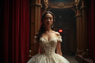 Soprano en costume de mariée opératique dans les coulisses d'un grand opéra, avant une représentation sur scène