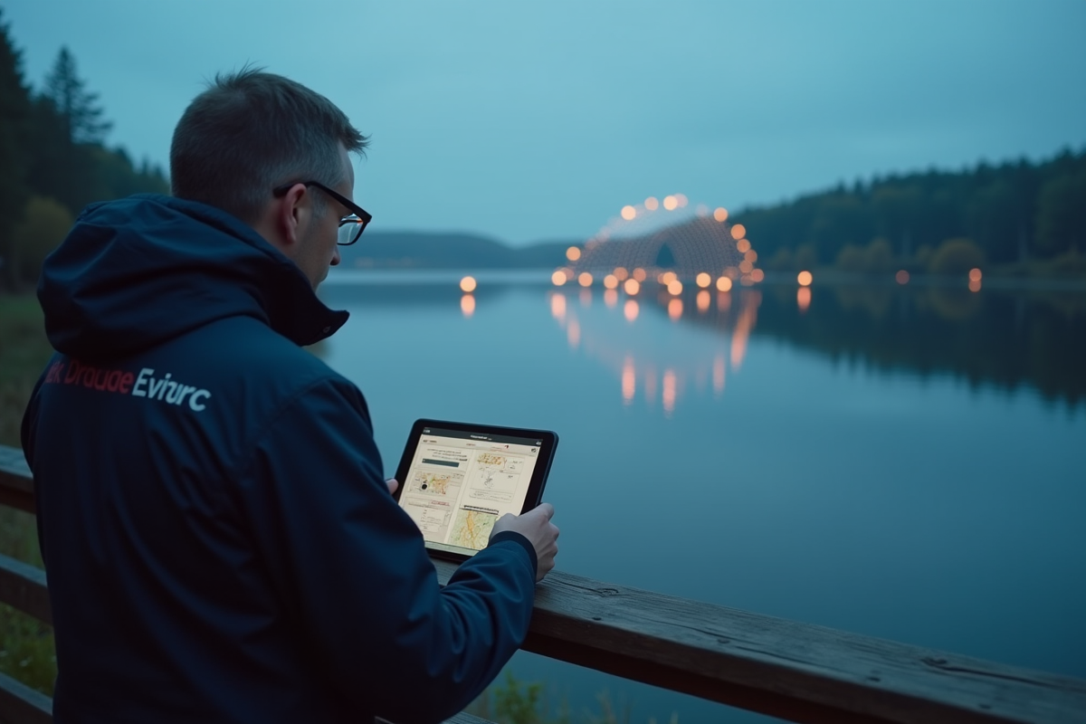 Technicien en veste coordonnant un spectacle de drones au bord d’un lac rural