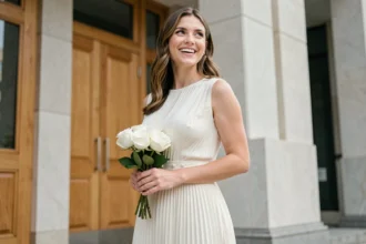 Femme moderne en robe midi ivoire au mariage civil devant une mairie contemporaine
