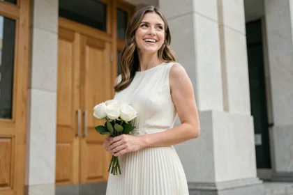 Femme moderne en robe midi ivoire au mariage civil devant une mairie contemporaine