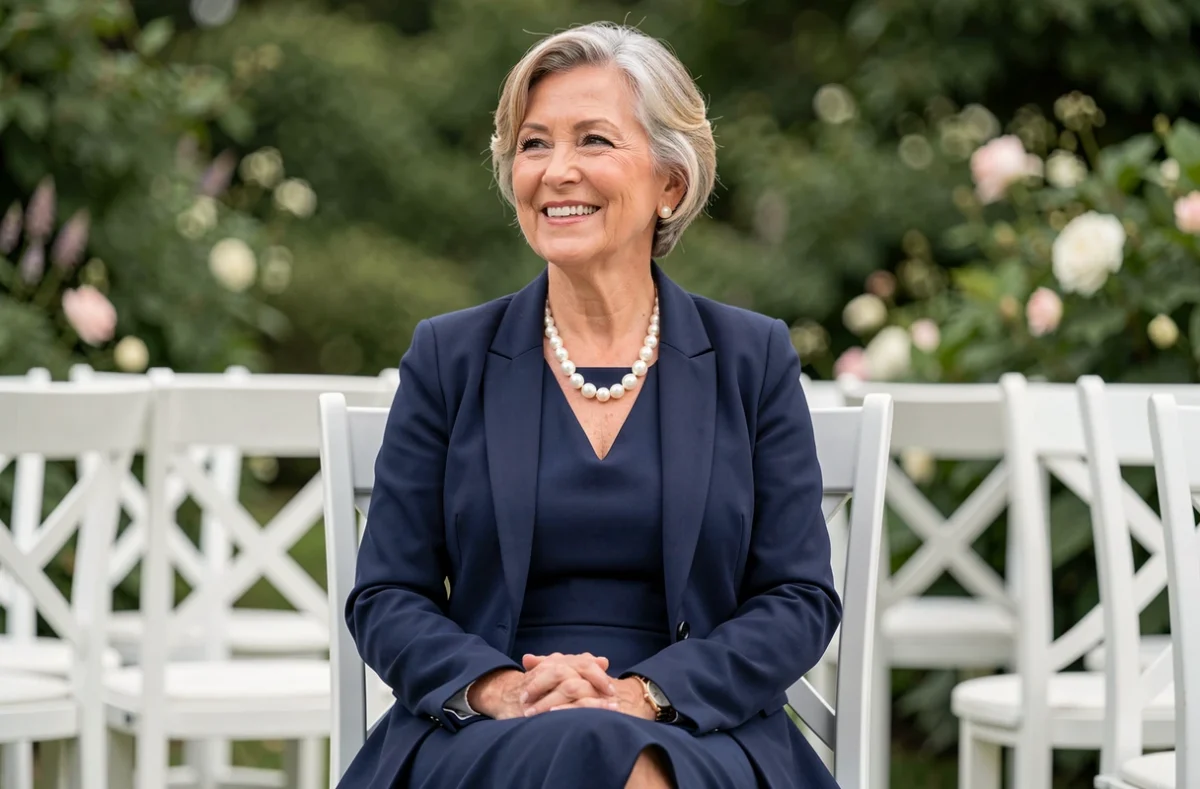 Mère de la mariée en robe midi bleu marine avec blazer assorti lors d'une cérémonie de mariage en plein air