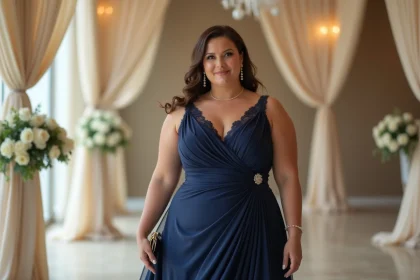 Femme grande taille élégante en robe de soirée bleue longue lors d'un mariage
