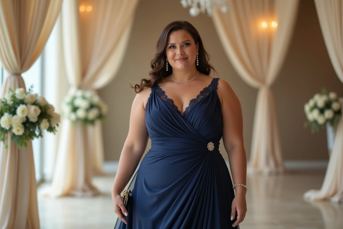Femme grande taille élégante en robe de soirée bleue longue lors d'un mariage