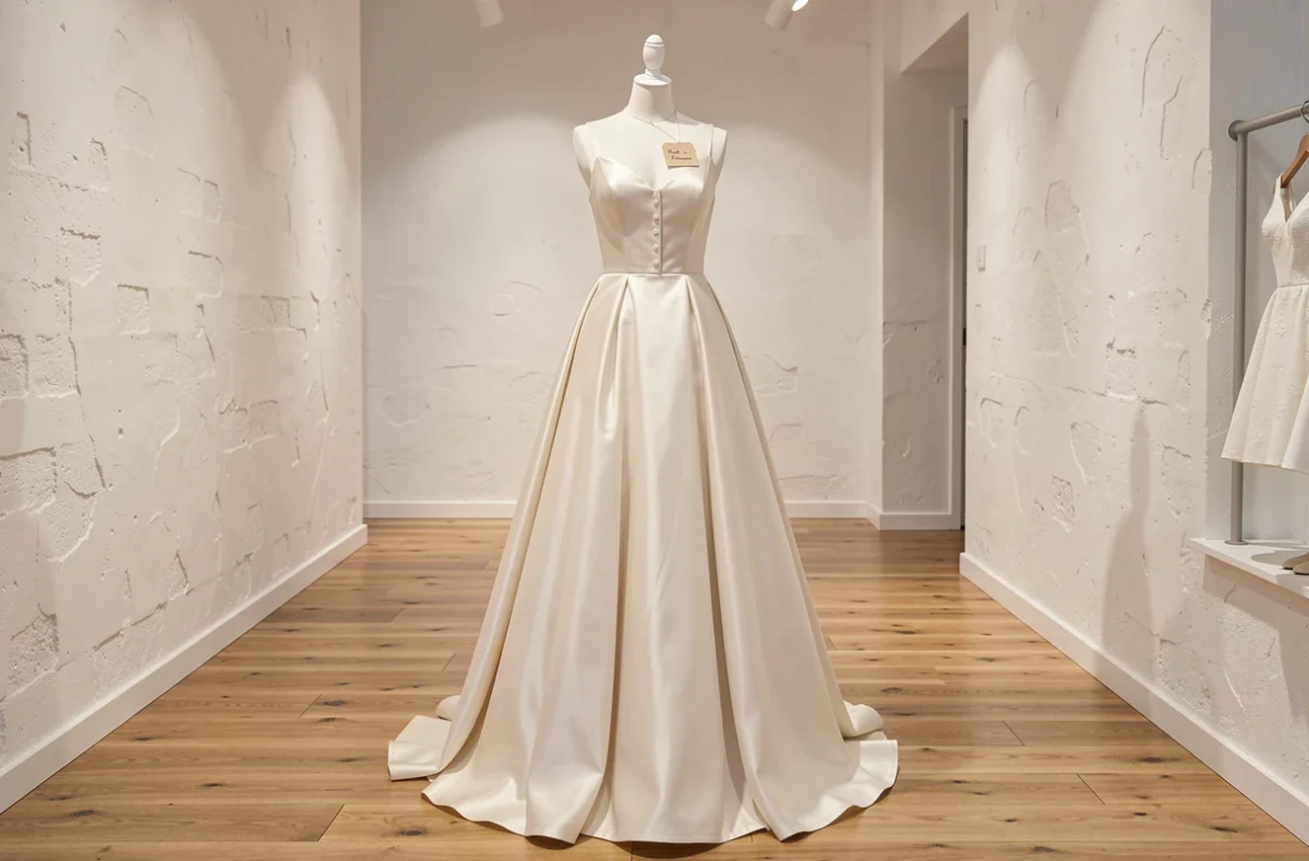 Robe de mariée made in France exposée sur un mannequin dans la boutique L'Univers d'Elsa Gary avec une étiquette artisanale visible