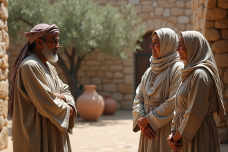 Homme âgé en tunique traditionnelle avec deux femmes dans un village ancien