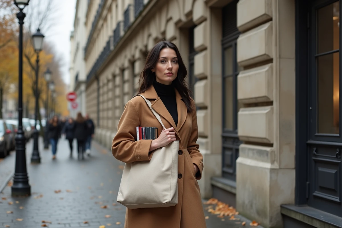 Femme engagée marchant dans une rue parisienne en automne, symbole de l'engagement citoyen dans la vie publique française