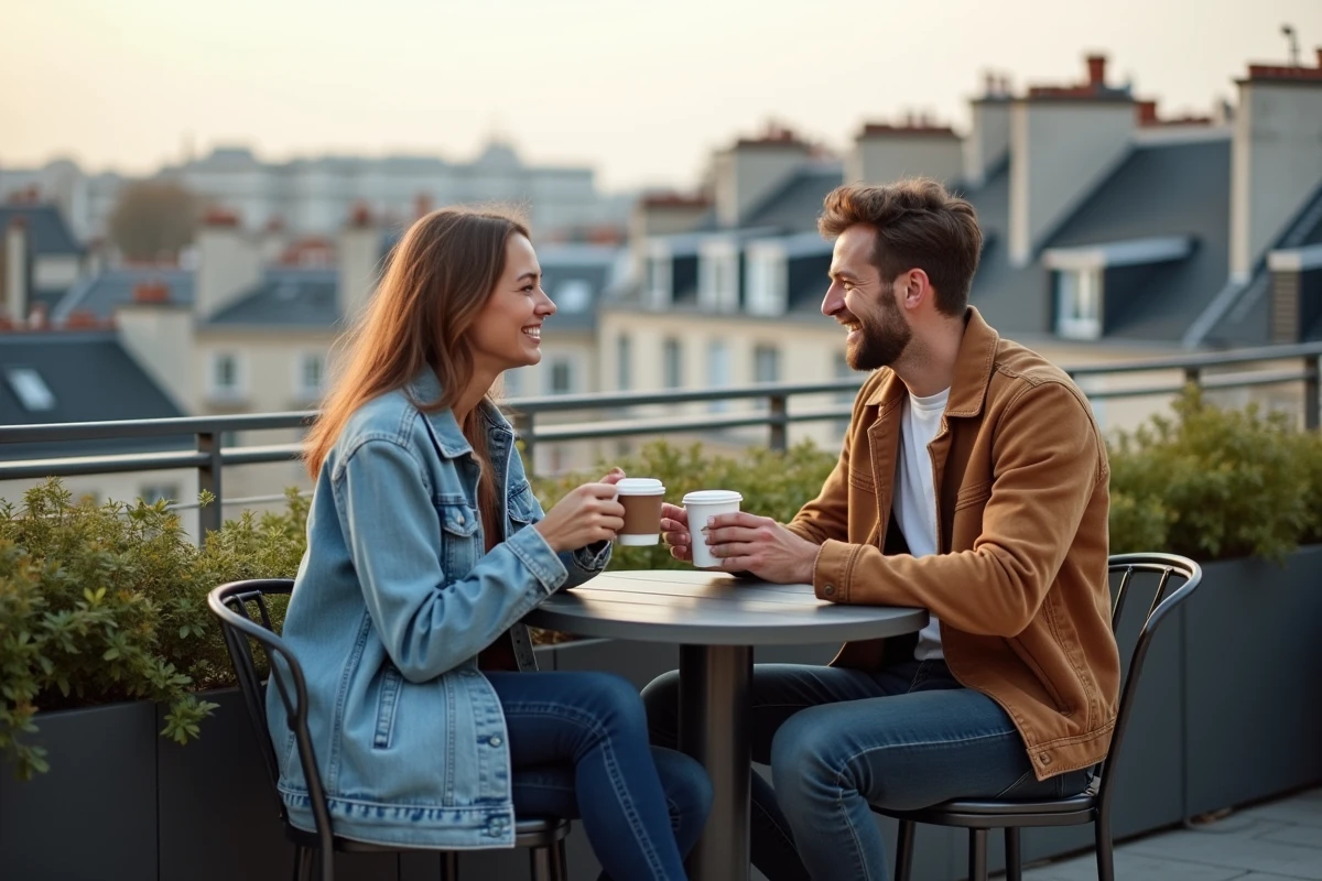 Un homme et une femme voisins célibataires partagent un café sur une terrasse parisienne, symbolisant une rencontre de proximité réussie