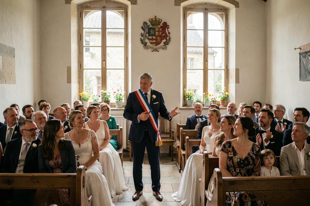 Vue d'ensemble d'une salle de mariage de village français avec le maire en train de prononcer un discours touchant devant les mariés et les invités