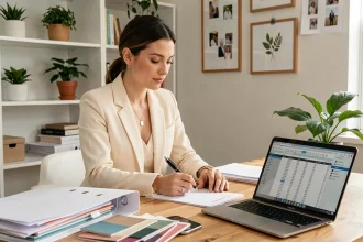 Wedding planner femme organisée à son bureau avec fiches et budget mariage ouvert sur ordinateur portable