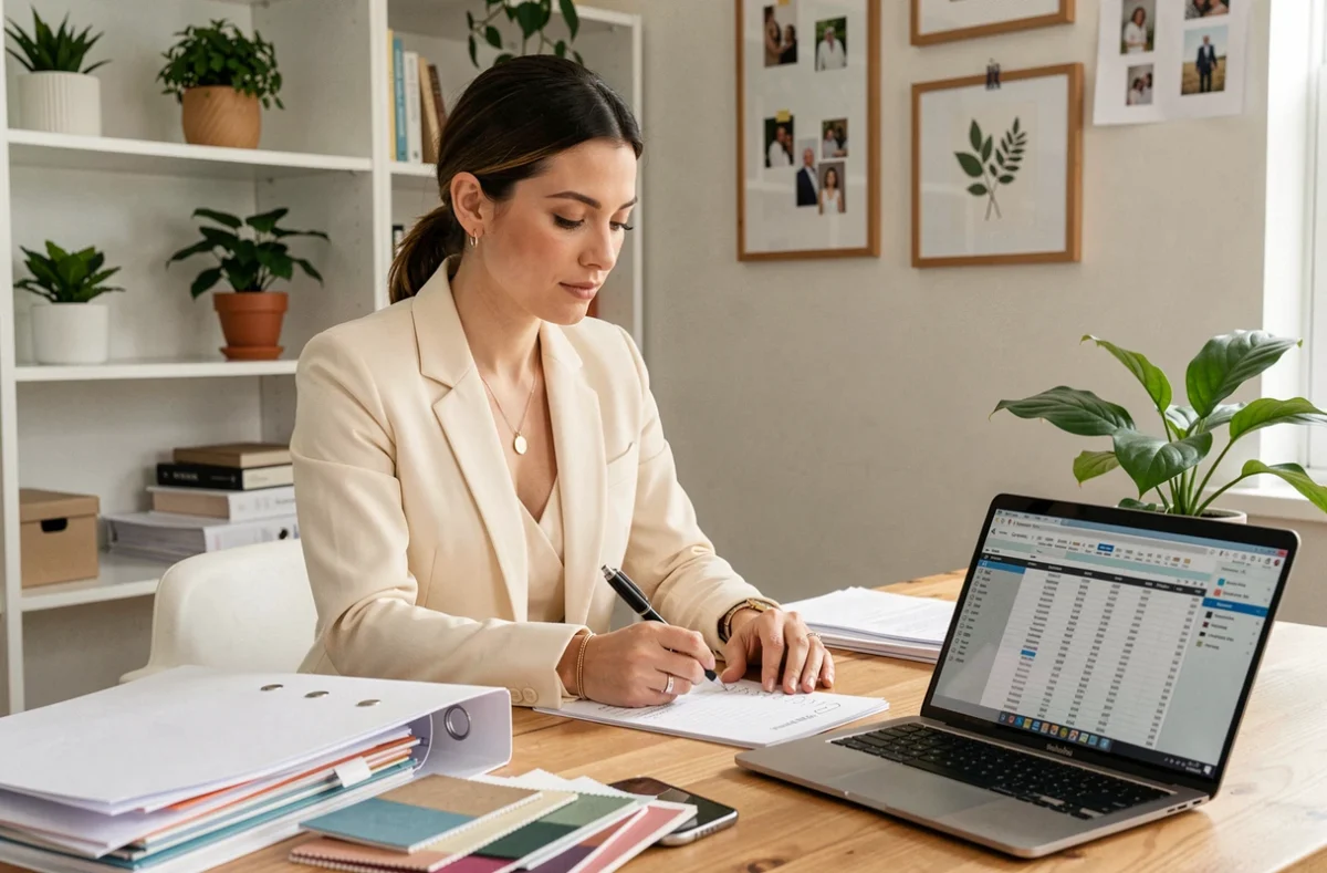 Wedding planner femme organisée à son bureau avec fiches et budget mariage ouvert sur ordinateur portable