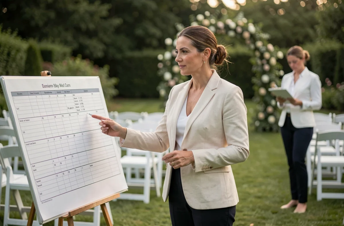 Planificatrice de mariage professionnelle présentant un programme de week-end festif dans un jardin élégant avec arche florale