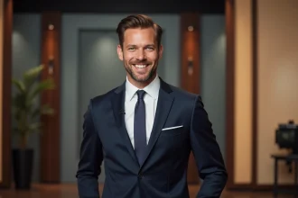 Homme élégant en costume marine dans un studio de télévision, illustrant les apparitions télévisées liées au mariage de Yoann Usai
