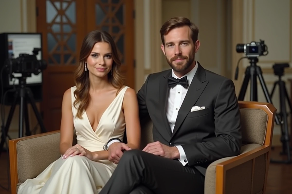 Couple en tenue de mariage dans les coulisses d'un plateau télévisé, évoquant les révélations sur le mariage de Yoann Usai à la télévision