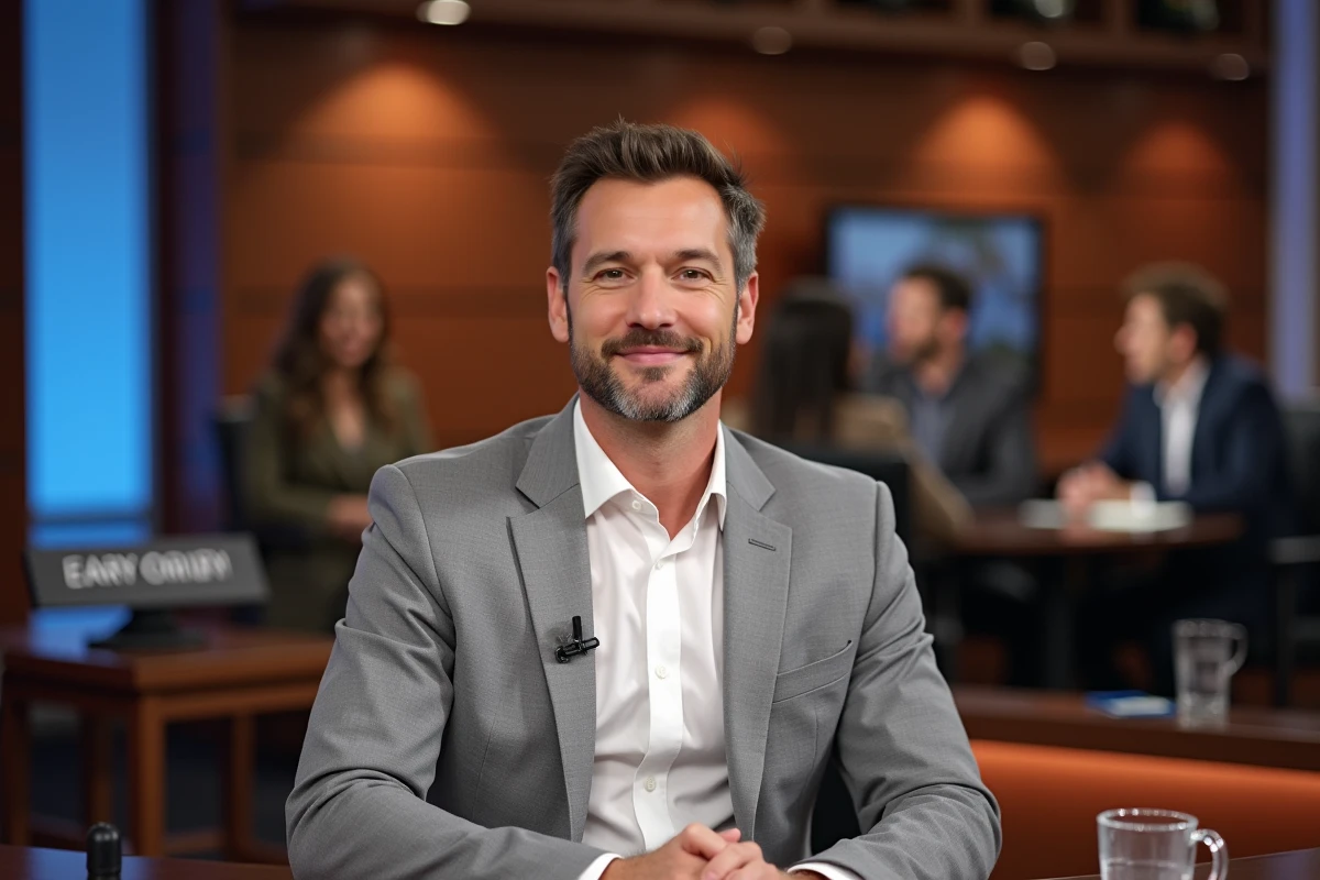 Homme en blazer gris interviewé sur un plateau de talk-show télévisé, illustrant les confidences sur le mariage de Yoann Usai à la télévision
