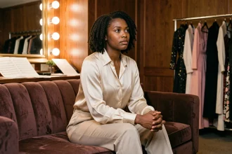 Chanteuse réfléchie en coulisses, illustrant la vie privée d'une artiste musicale dans l'industrie du spectacle